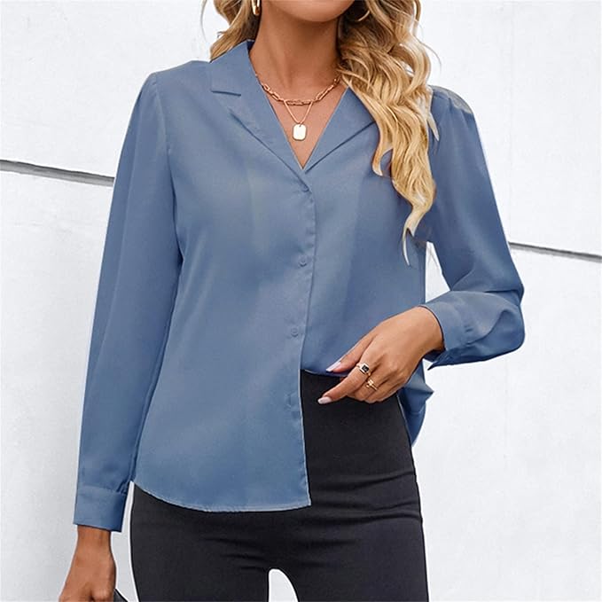 MINTLIMIT Women's Elegant Work Office Blouse Collar V Neck Long Sleeve Button Do image 4