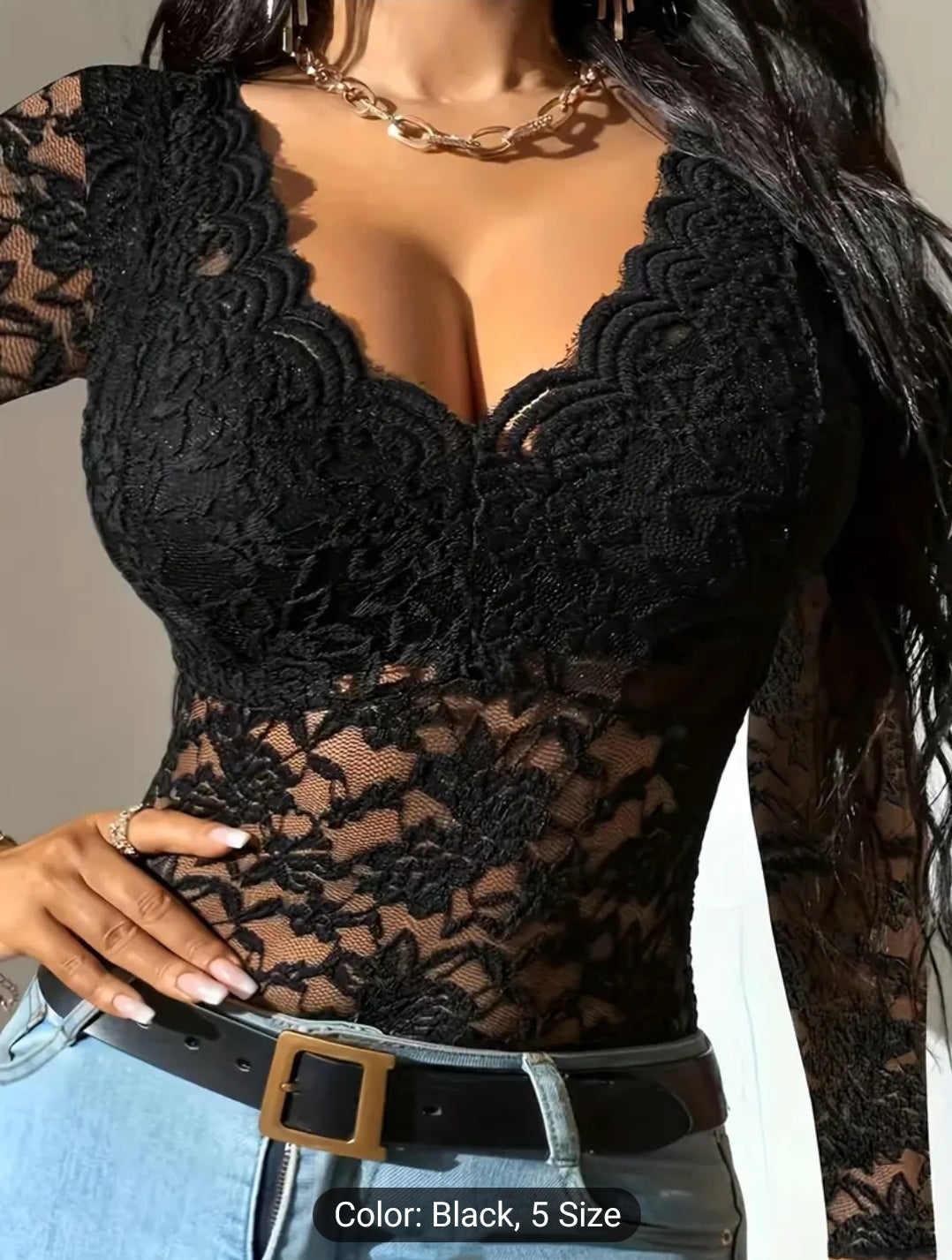Sheer Lace V Neck T-Shirt, Stylish Long Sleeve Slim Top image 0