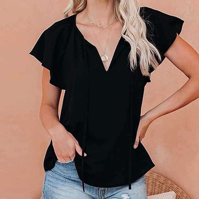 KOEMCY T Shirts for Women V Neck Short Sleeve Blouse Tops Solid Color Loose Shir image 4