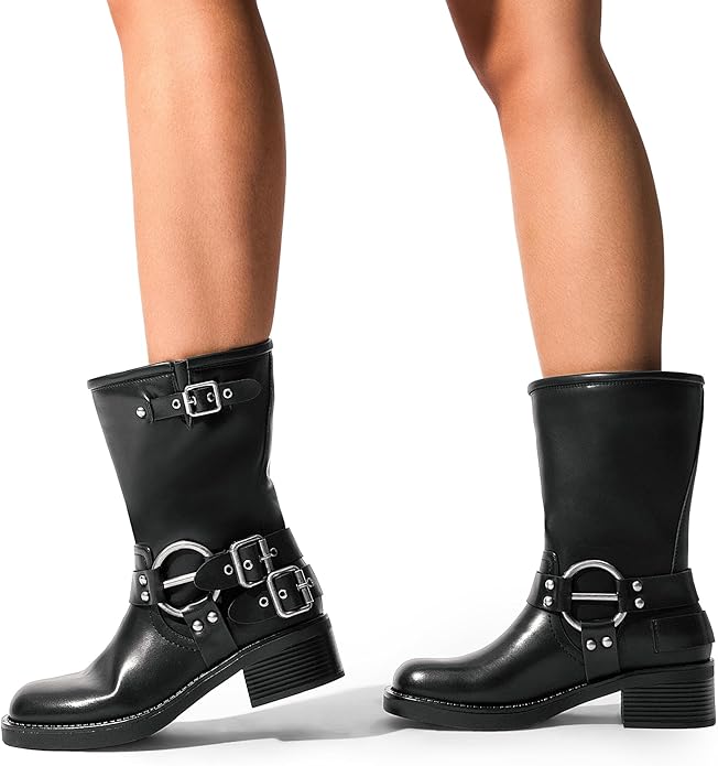 DREAM PAIRS Pull On Comfy Mid Calf Boots for Women Square Toe Waterproof Motorcycle Biker Boots with Buckles Fashion Women's Anti-slip Combat Boots with Low Chunky Heel