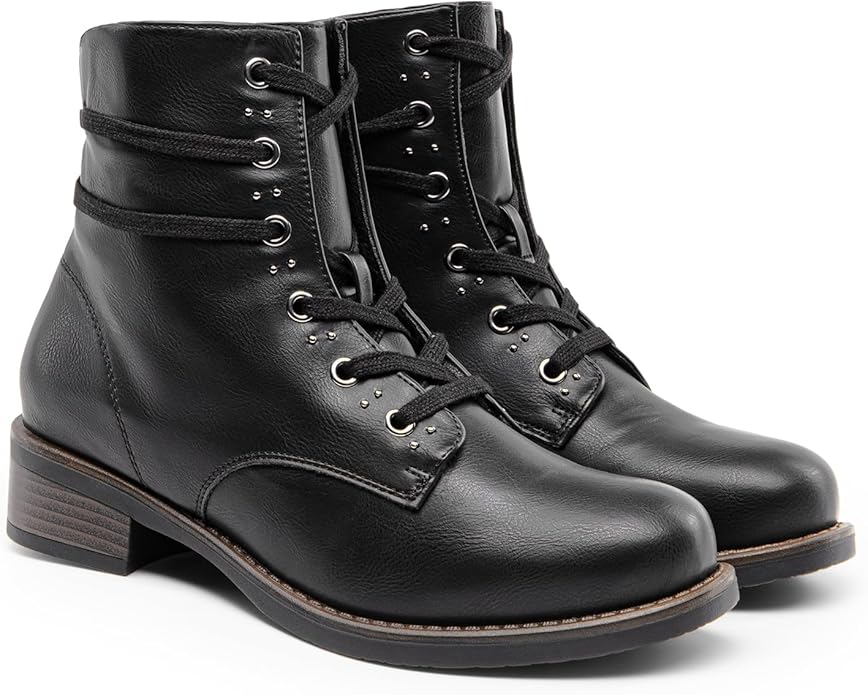 DREAM PAIRS Women's Fur Lined Ankle Bootie Lace up Low Chunky Block Heels Side Zipper Winter Boots