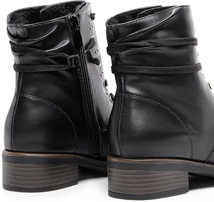 DREAM PAIRS Women's Fur Lined Ankle Bootie Lace up Low Chunky Block Heels Side Zipper Winter Boots