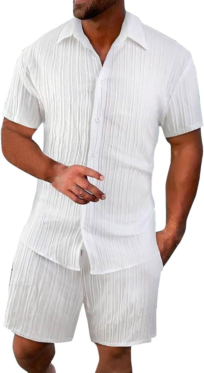 Men Summer Casual Short Sets Hawaiian Solid Short Sleeve Button Down Shirt Short image 1