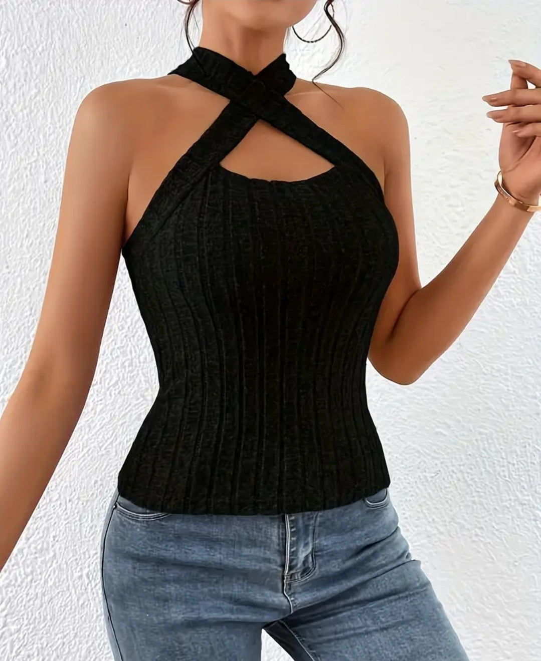 Ribbed Knit Cut Out Halter Top image 1