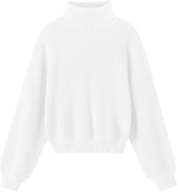 PrinStory Women's Turtleneck Jumpers Lantern Sleeve Cropped Sweater Ribbed Knit image 1