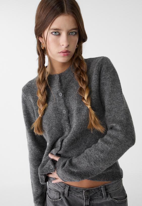 Buttoned knit jacket Dark grey,Round neck knit cardigan with image 4