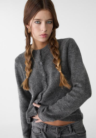 Buttoned knit jacket Dark grey,Round neck knit cardigan with image 4