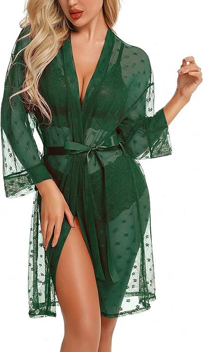 Sexy Lingerie for Women Lace Lingerie Set with Mesh Robe 3 Piece Set Sleepwear N image 0
