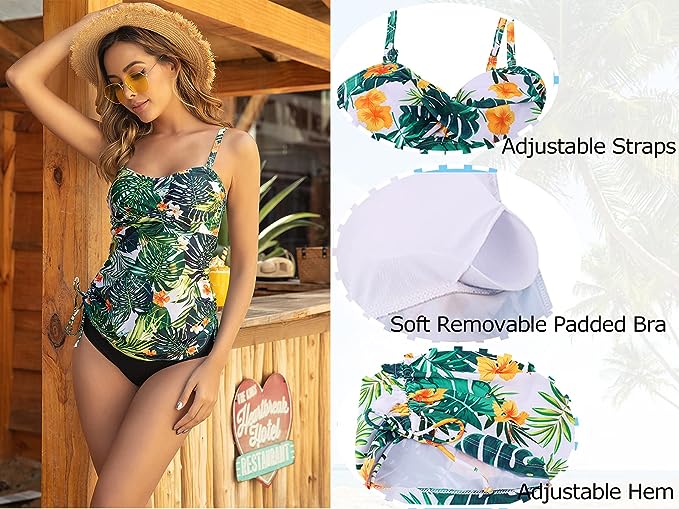 Tankini Sets Women's Modest Padded Swimsuit Top Brief Summer Swimwear image 2