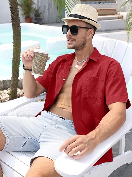 VANVENE Mens Linen Shirts Cotton Short Sleeved Shirts Regular Fit Casual Summer image 1
