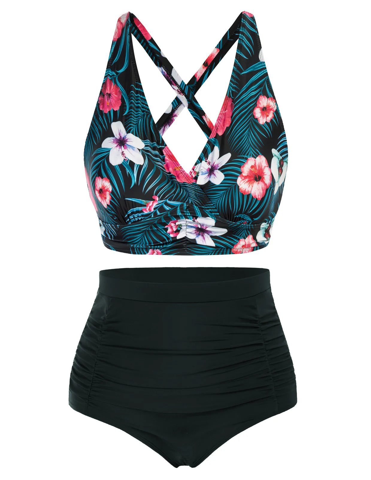 Hanna Nikole Women's Plus Size Halter V Neck Bikini Swimsuits High Waisted Ruched Tummy Control Swimwear