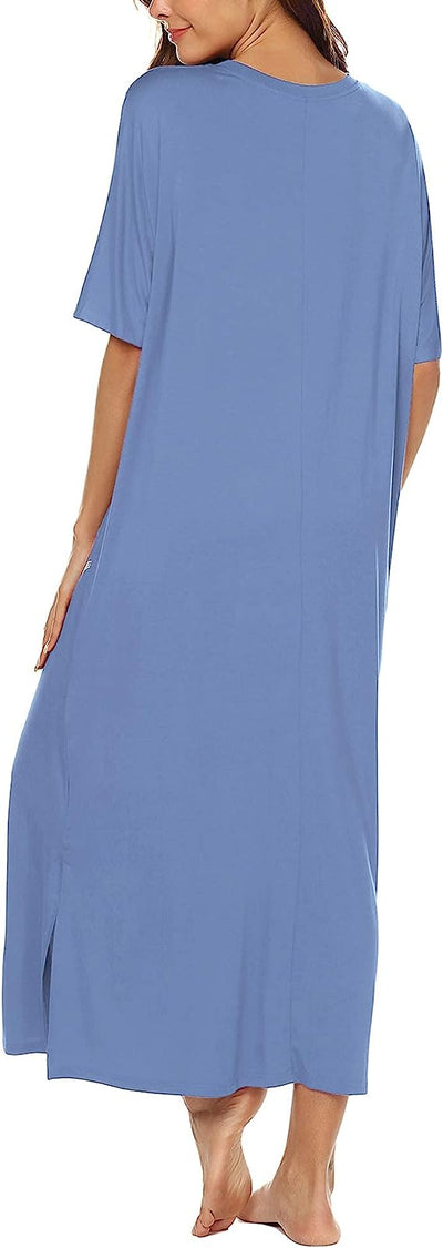 BESDELWomen's Nightgown Short Sleeve Long Sleepwear with Pockets Loose Fit Night image 2