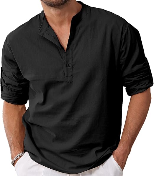 VANVENE Men's Cotton Linen T-Shirt Button Henley Shirt Long Sleeve Casual Beach image 0