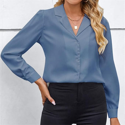 MINTLIMIT Women's Elegant Work Office Blouse Collar V Neck Long Sleeve Button Do image 3