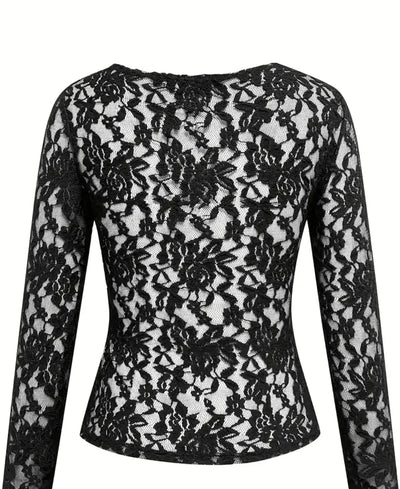 Sheer Lace V Neck T-Shirt, Stylish Long Sleeve Slim Top image 1
