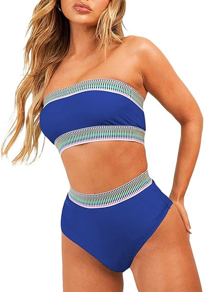 Dokotoo Women's Bikini Sets 2 Pieces High Waist Color Block Bandeau Tankini image 0