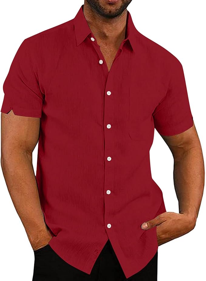 VANVENE Mens Linen Shirts Cotton Short Sleeved Shirts Regular Fit Casual Summer image 2