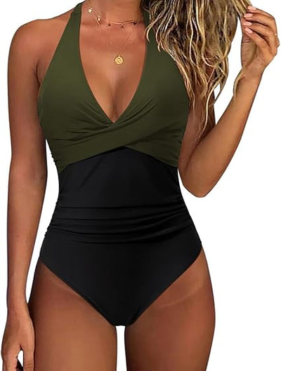 RXRXCOCO Women Cross Push Up Tummy Control One Piece Halter High Waisted Swimmin image 3