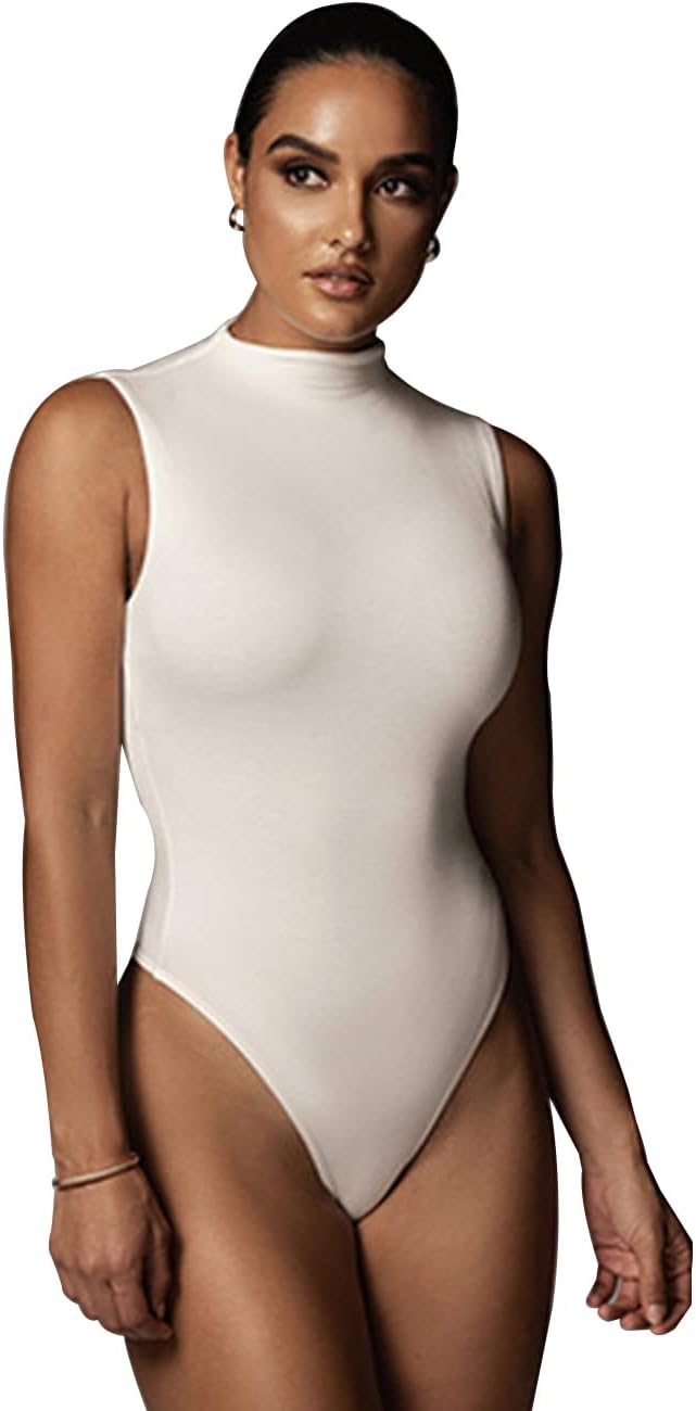 KOEMCY Bodysuit for Women Sexy Sleeveless Half Turtleneck Bodysuit Slim Fit Stre image 2