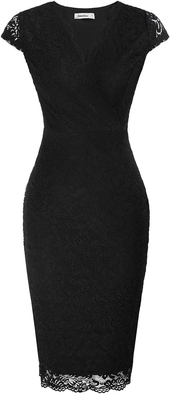 JASAMBAC Wedding Guest Dresses for Women Wrap V Neck Cap Sleeve Elegant Lace Coc image 2