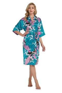 Women's Peacock Kimono Long Bathrobes Dressing Gown Japanese Robe Silk image 1