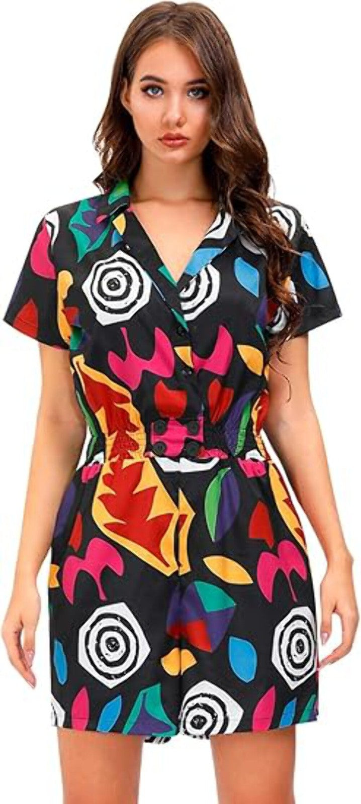 Women's Short Sleeve Romper Wrap Button Down Mini Dress