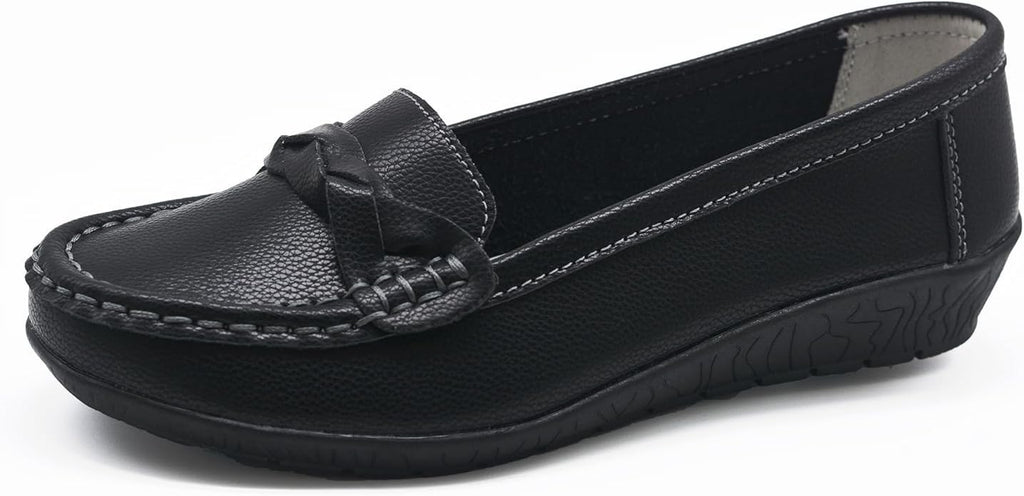 Women's Flats Casual Leather Loafer Black Ladies Slip-On Flat Shoes for Women Wo