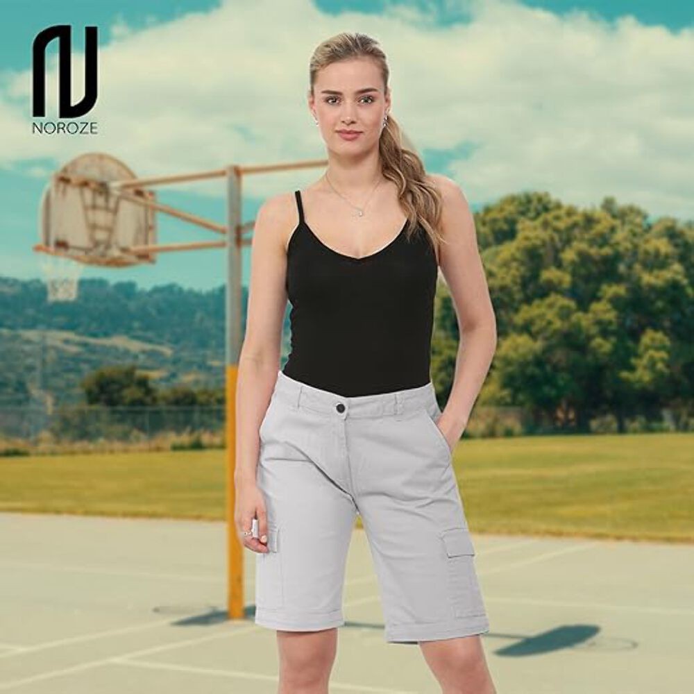 NOROZE Women's Stretch Cargo Shorts - Ladies Turned Hem Bengaline Casual Everyda