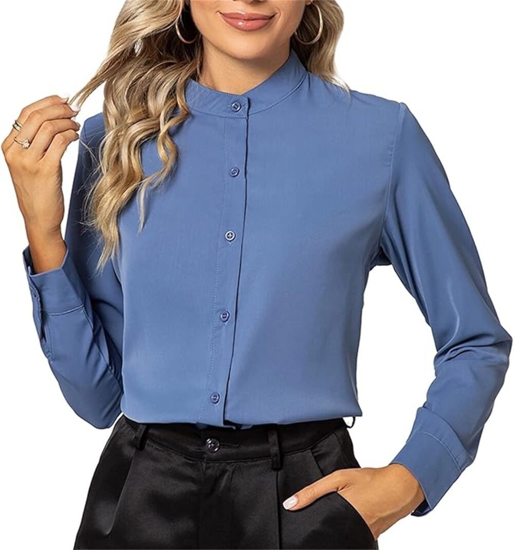 MINTLIMIT Women's Elegant Work Office Blouse Collar V Neck Long Sleeve Button Do
