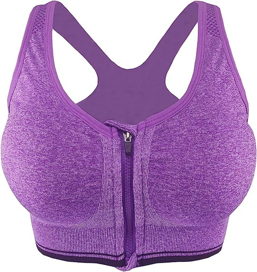 Women's Zip Front Sports Bra Push Up Padded Non-Wired Yoga Gym Soft Comfy Bras