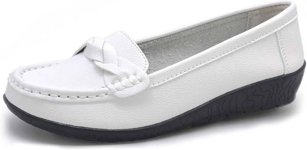 Women's Flats Casual Leather Loafer Ladies Slip-On White Flat Shoes for Women