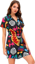 Women's Short Sleeve Romper Wrap Button Down Mini Dress