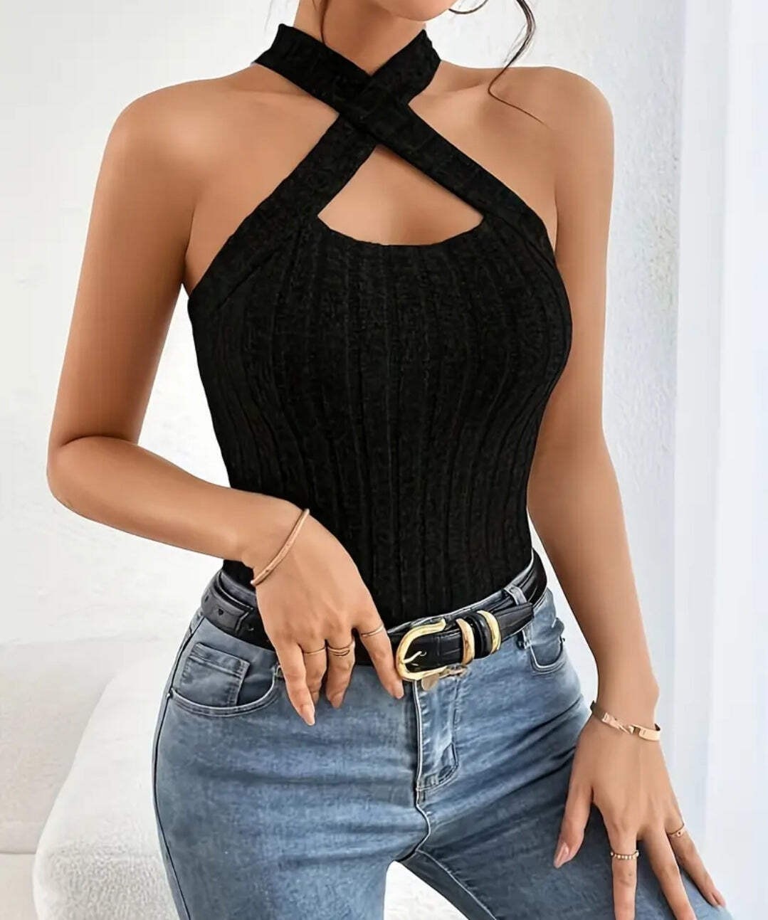 Ribbed Knit Cut Out Halter Top