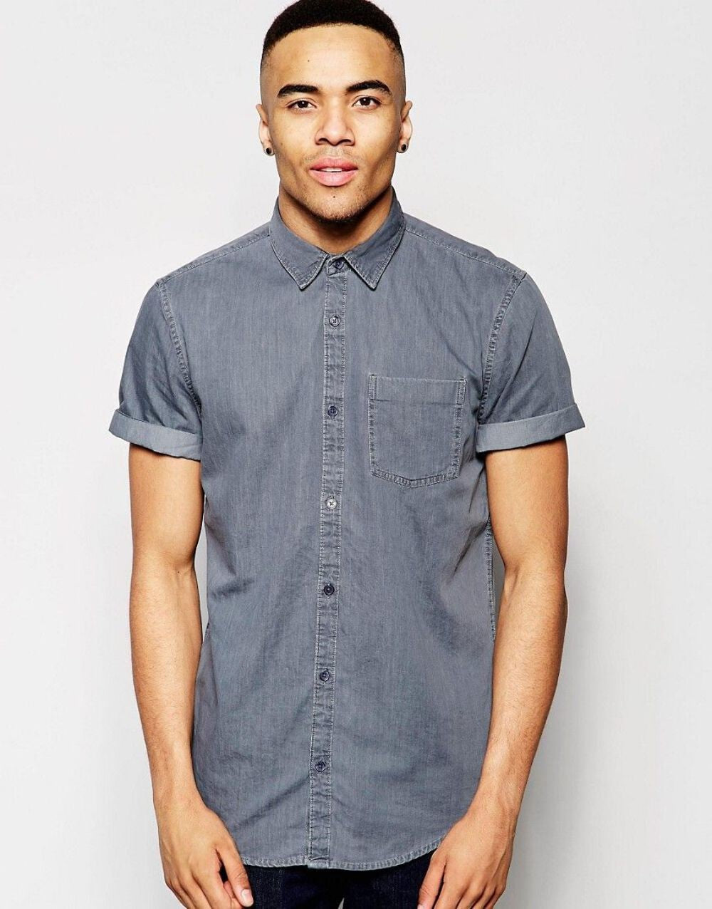 New Look Shirt With Short Sleeves In Grey Denim In Regular Fit