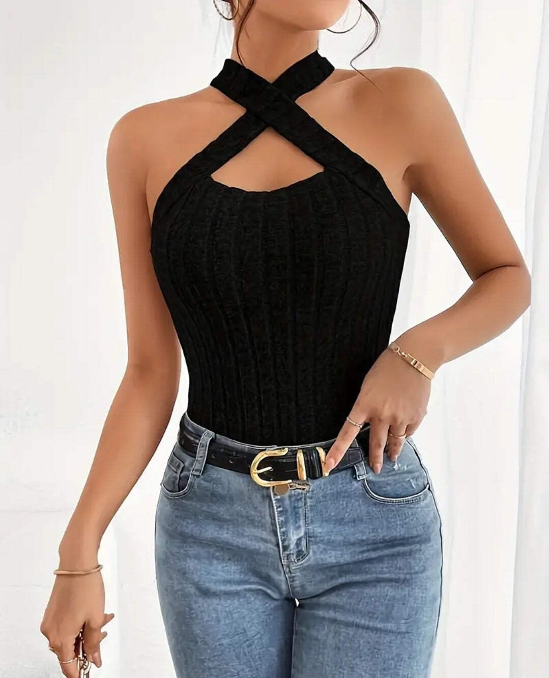Ribbed Knit Cut Out Halter Top