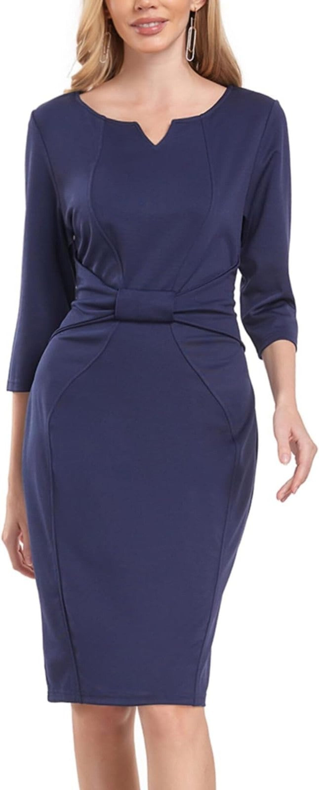 MINTLIMIT Women Sheath Dress Notch V Neck 3/4 Sleeve Bow Waist Wear to Work Penc