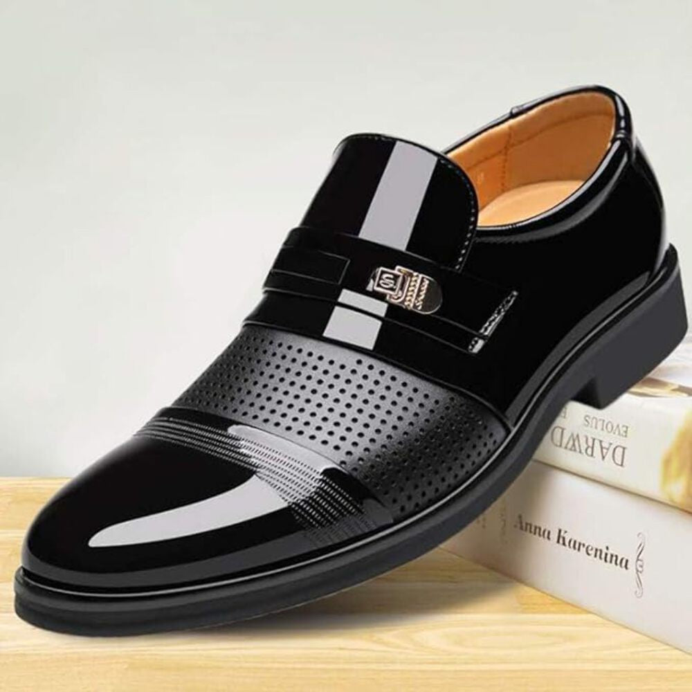 Mens Leather Luxury Dress Shoes, Ventilation Pointed Toe Business Patent Leathe