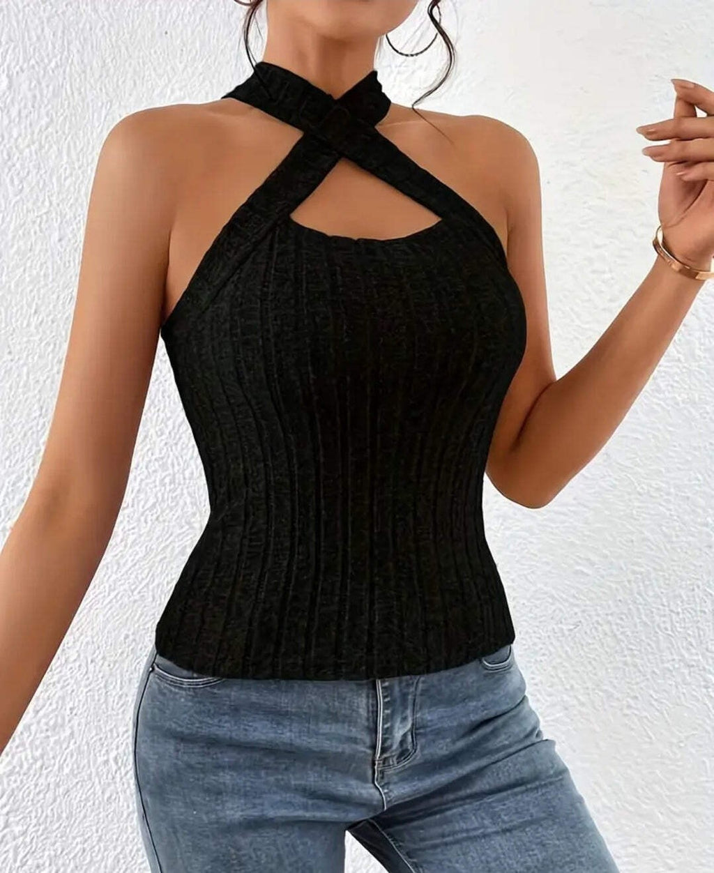 Ribbed Knit Cut Out Halter Top