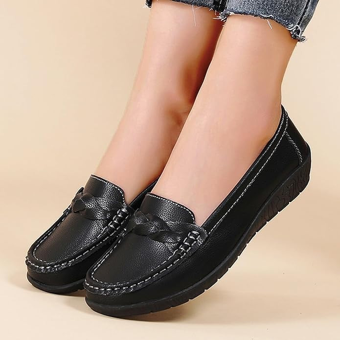 Women's Flats Casual Leather Loafer Black Ladies Slip-On Flat Shoes for Women Wo