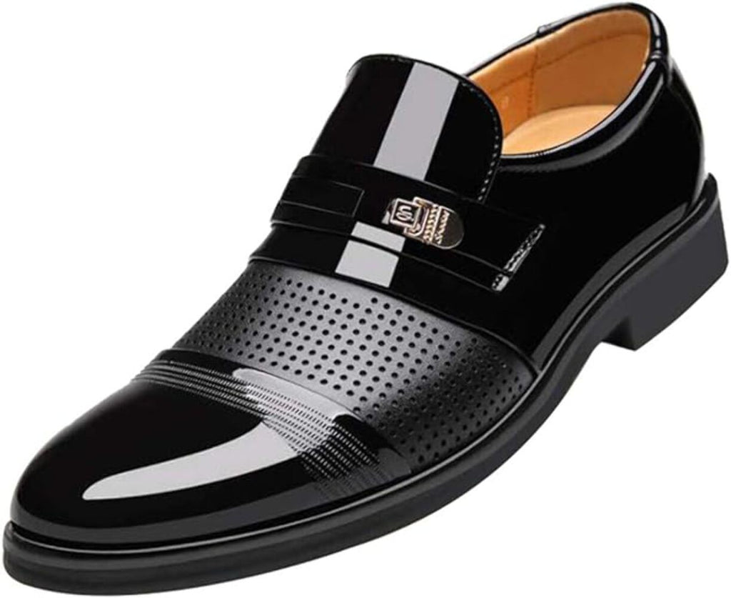 Mens Leather Luxury Dress Shoes, Ventilation Pointed Toe Business Patent Leathe