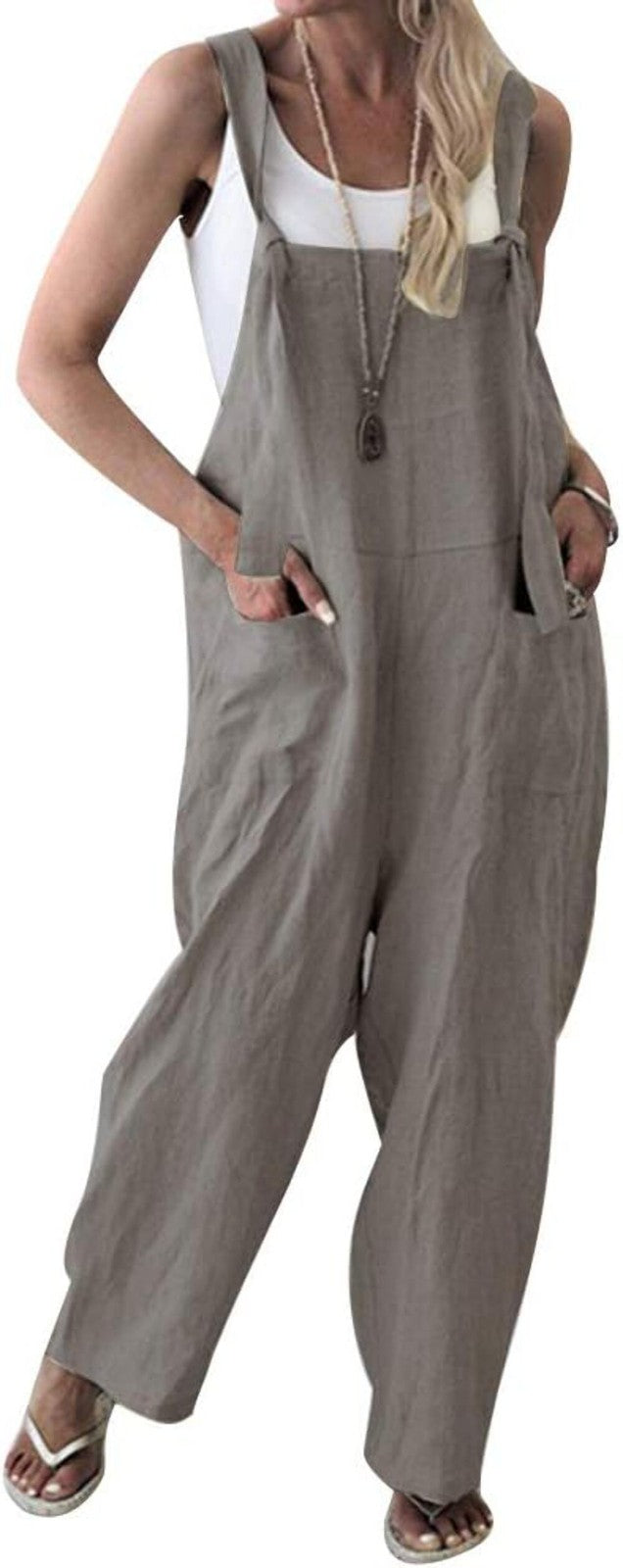 MINTLIMIT Cotton Linen Overall Loose Strap Sleeveless Long Baggy Playsuit Jumpsu