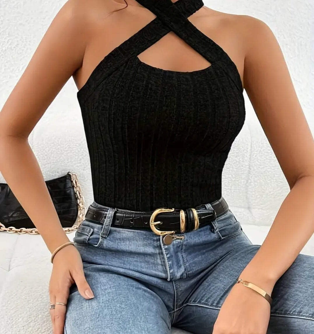 Ribbed Knit Cut Out Halter Top