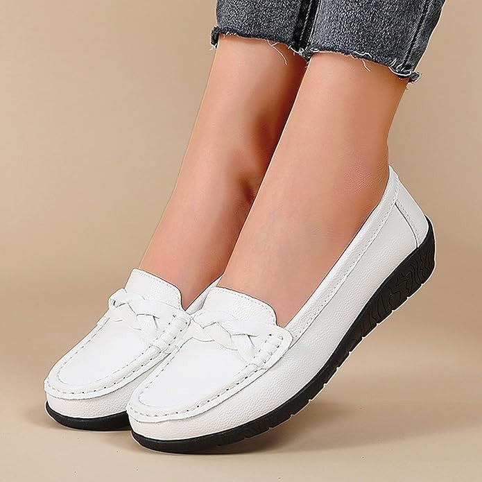 Women's Flats Casual Leather Loafer Ladies Slip-On White Flat Shoes for Women