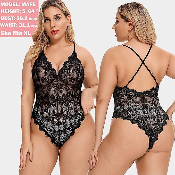 BESDEL Women's Deep V One Piece Babydoll Sexy Lace Teddy Bodysuit Chemises Sleep image 3