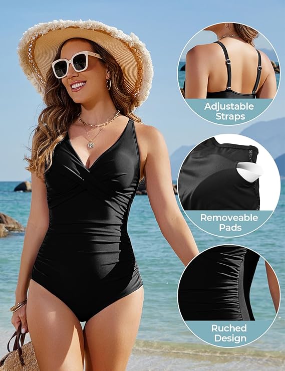 Swimwear V Neck Ruched Swimming Costume Women Retro Swimsuit image 1