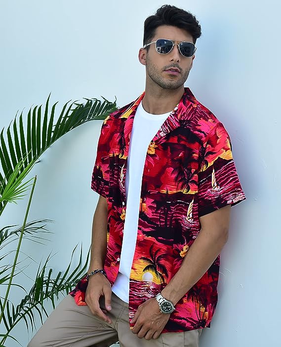 siliteelon Mens Hawaiian Shirt Cotton Regular Fit Short Sleeve No Iron Casual Be image 5