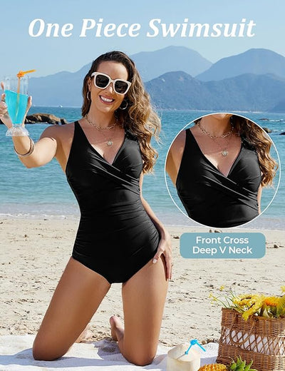 Swimwear V Neck Ruched Swimming Costume Women Retro Swimsuit image 4