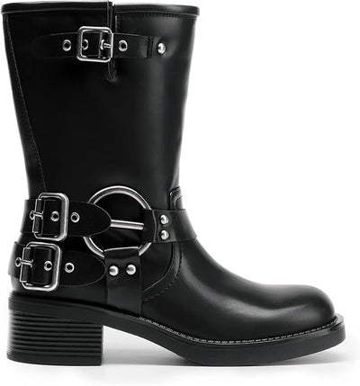 DREAM PAIRS Pull On Comfy Mid Calf Boots for Women Square Toe Waterproof Motorcycle Biker Boots with Buckles Fashion Women's Anti-slip Combat Boots with Low Chunky Heel