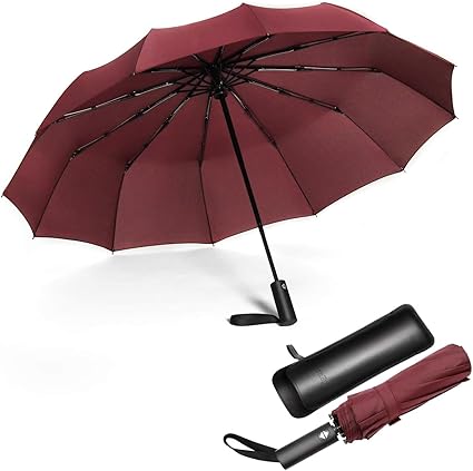 JIGUOOR 12 Ribs Folding Umbrella Windproof Compact Travel,Auto Open/Close Large Rain Umbrellas w/Polyester Coating, Ergonomic Handle FREE Leather Case