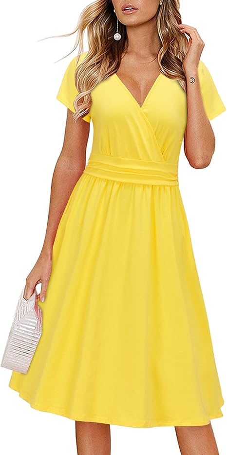 Newshows Women's Summer Short Sleeve Dresses V Neck Floral Print/Solid Faux Wrap Dress Casual Midi Sundress with Pockets